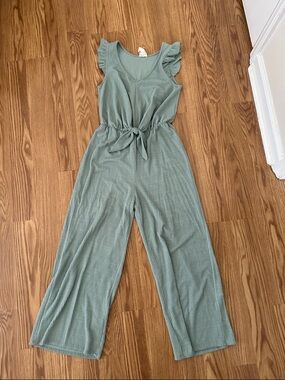 Caution To The Wind Sage Green Ribbed Wide-Leg Jumpsuit with Tie Waist